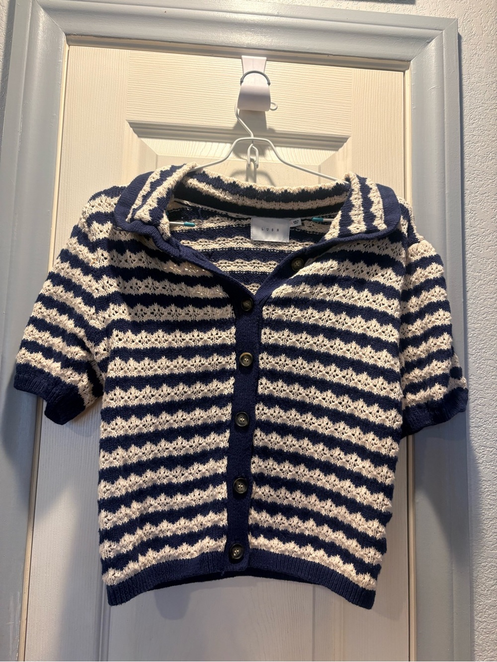 Lush Navy and Cream Striped Knit Button-Up Sweater Top